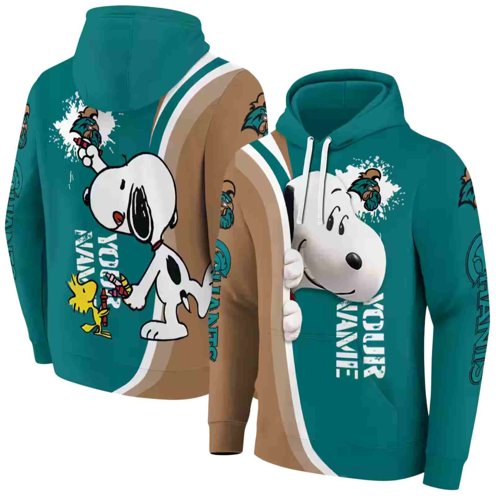 customized coastal carolina chanticleers peeking snoopy green hoodie fashion forward