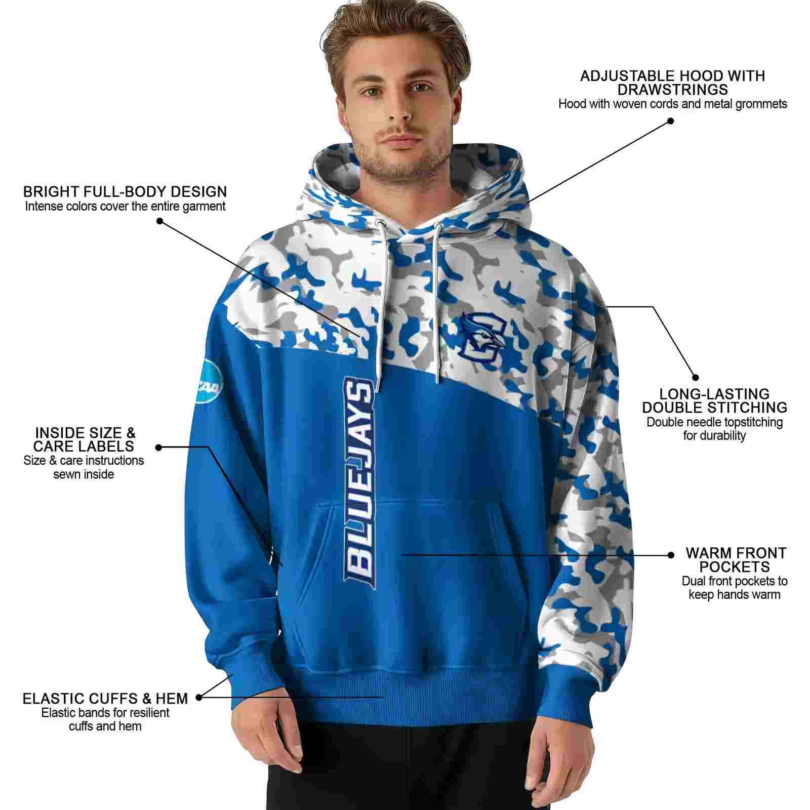 customized creighton bluejays camo pattern blue hoodie latest model