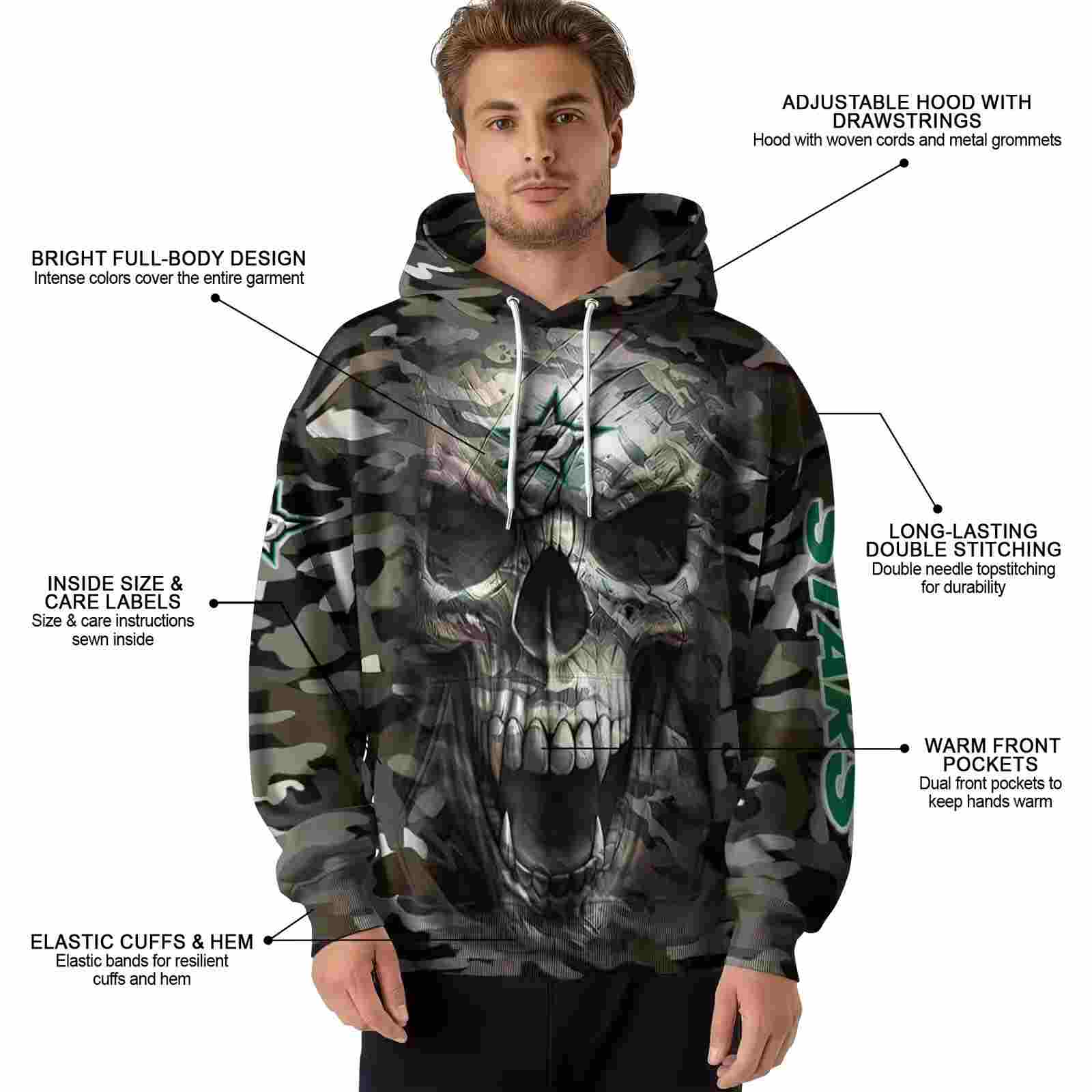 customized dallas stars camo skull hoodie latest model