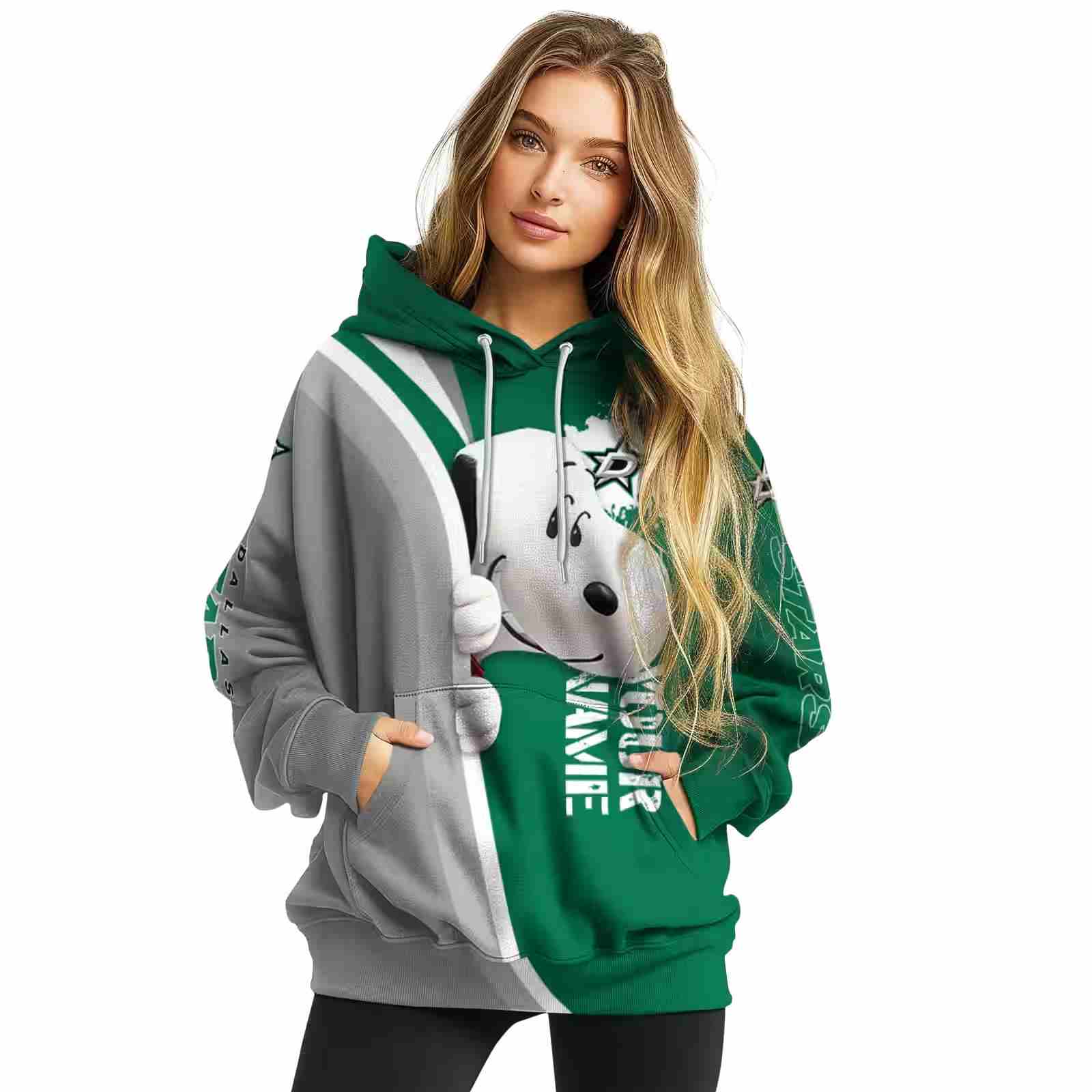 customized dallas stars peeking snoopy green hoodie high quality