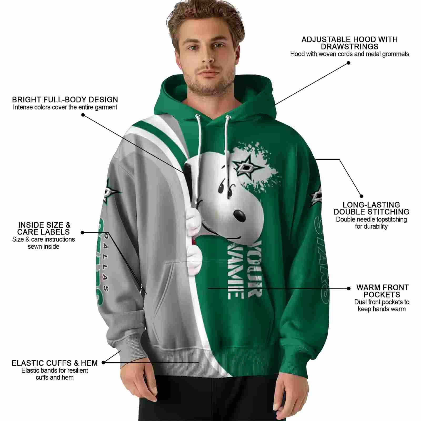 customized dallas stars peeking snoopy green hoodie latest model