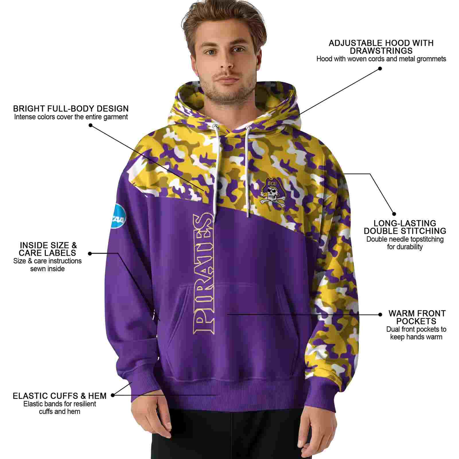 customized east carolina pirates camo pattern purple hoodie latest model