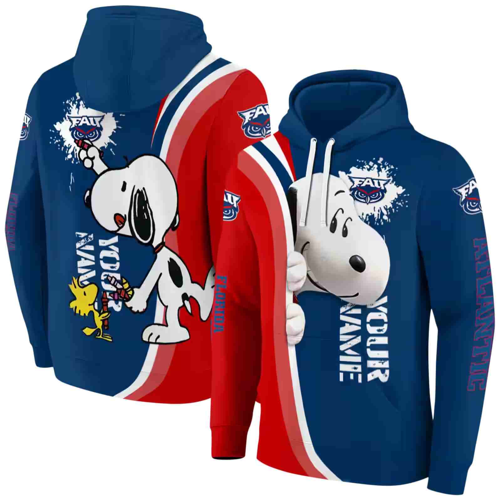 customized florida atlantic owls peeking snoopy blue hoodie fashion forward