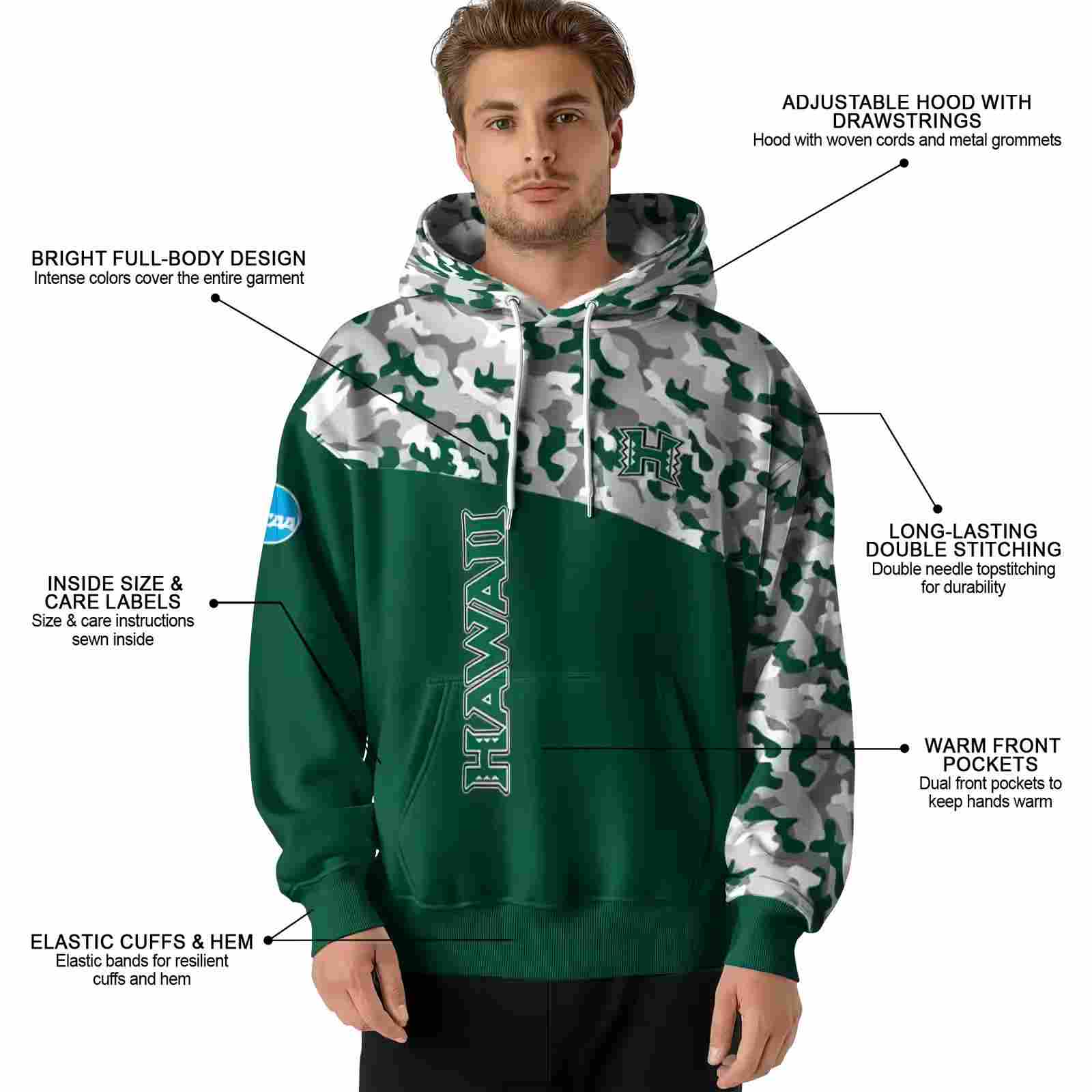 customized hawaii rainbow warriors camo pattern green hoodie latest model