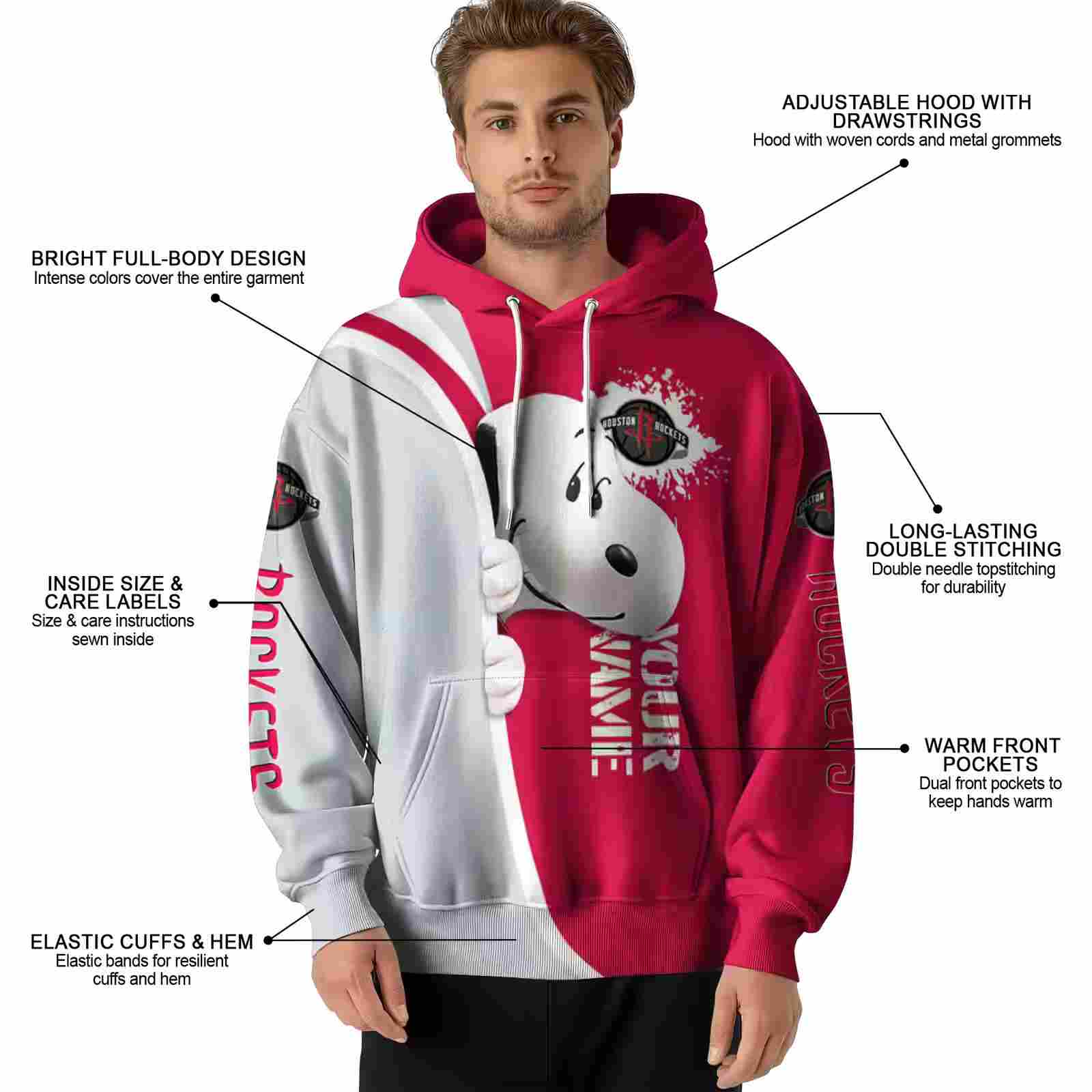 customized houston rockets peeking snoopy red hoodie latest model