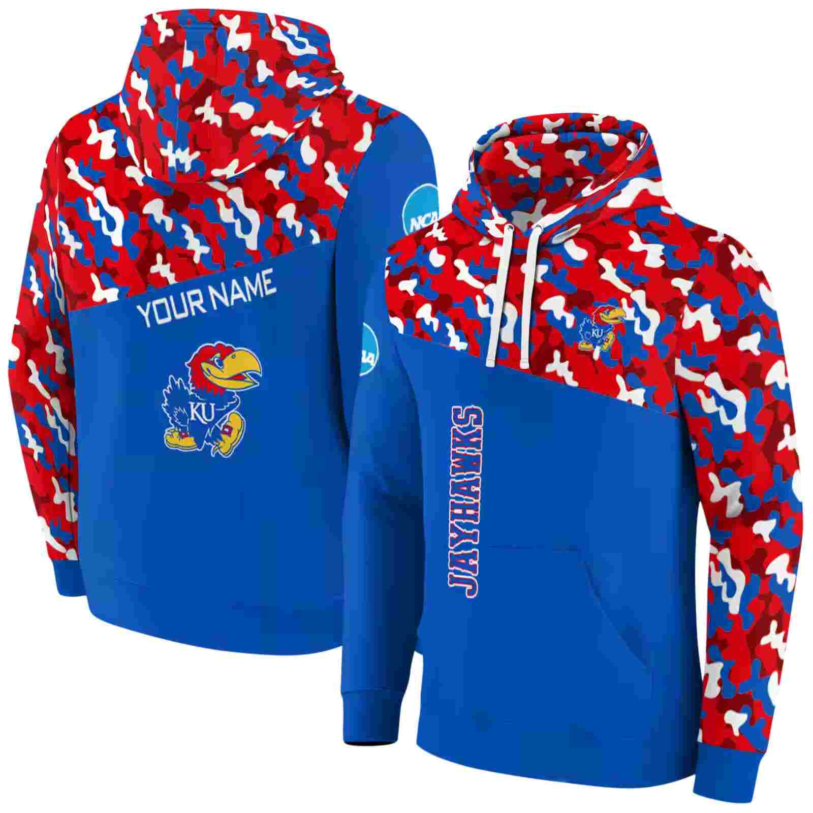 customized kansas jayhawks camo pattern blue hoodie fashion forward