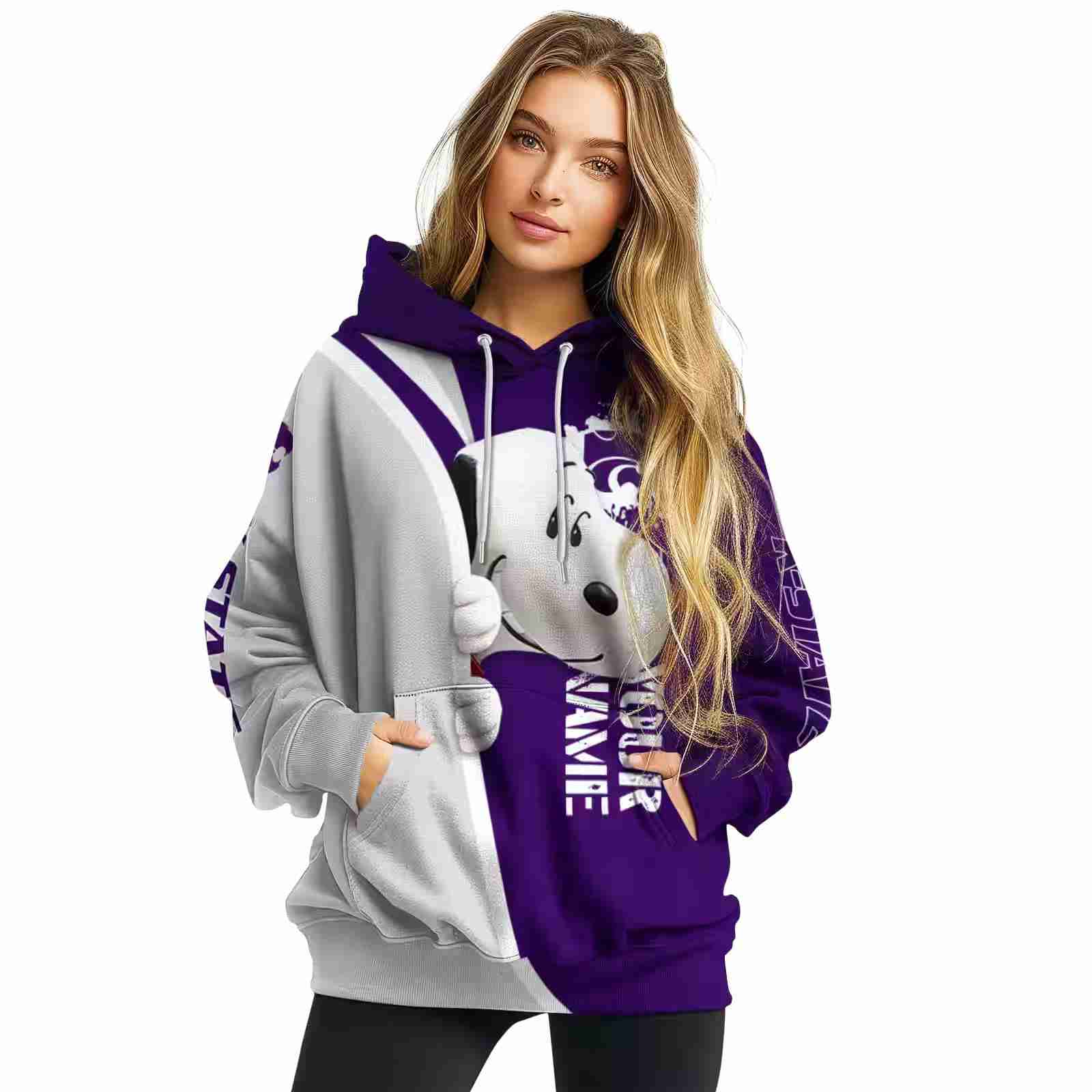 customized kansas state wildcats peeking snoopy purple hoodie high quality