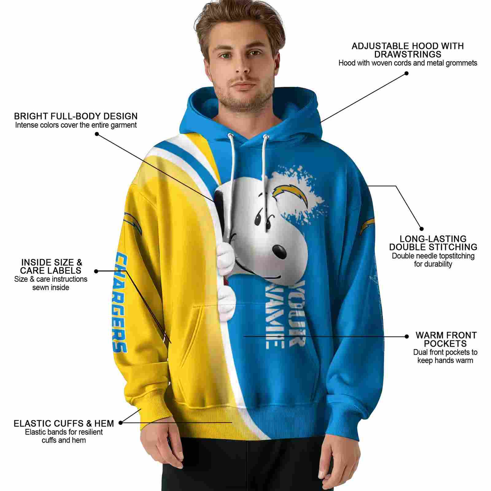 customized los angeles chargers peeking snoopy blue hoodie latest model