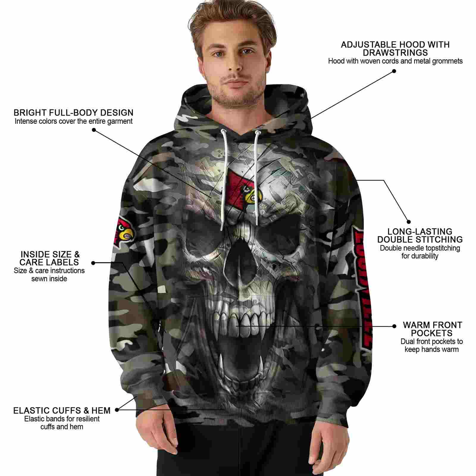 customized louisville cardinals camo skull hoodie latest model