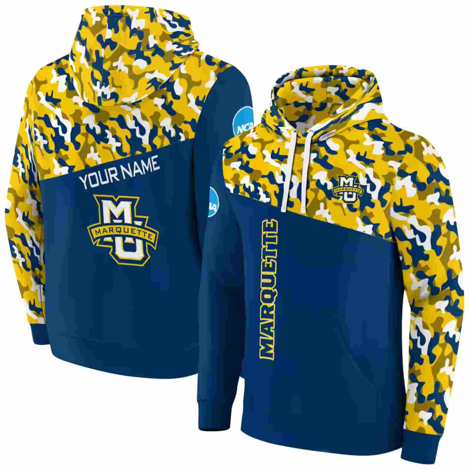 customized marquette golden eagles camo pattern blue hoodie fashion forward