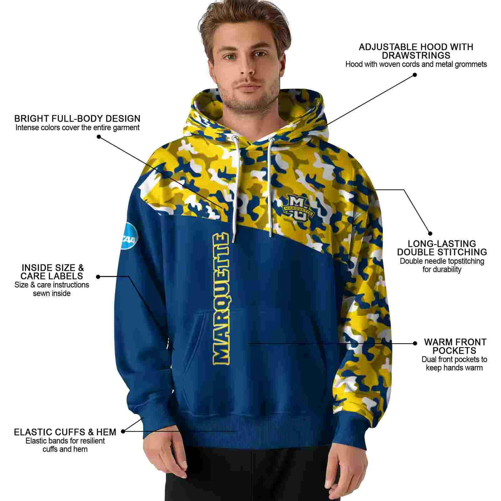 customized marquette golden eagles camo pattern blue hoodie latest model