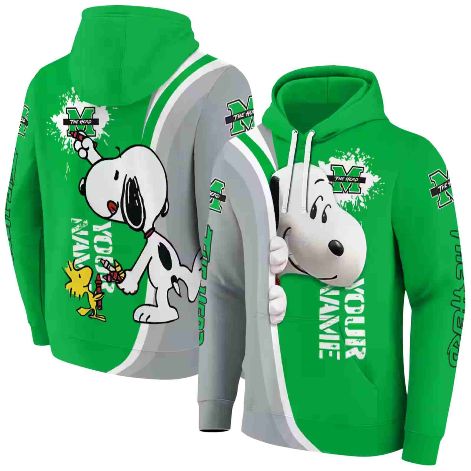 customized marshall thundering herd peeking snoopy green hoodie fashion forward