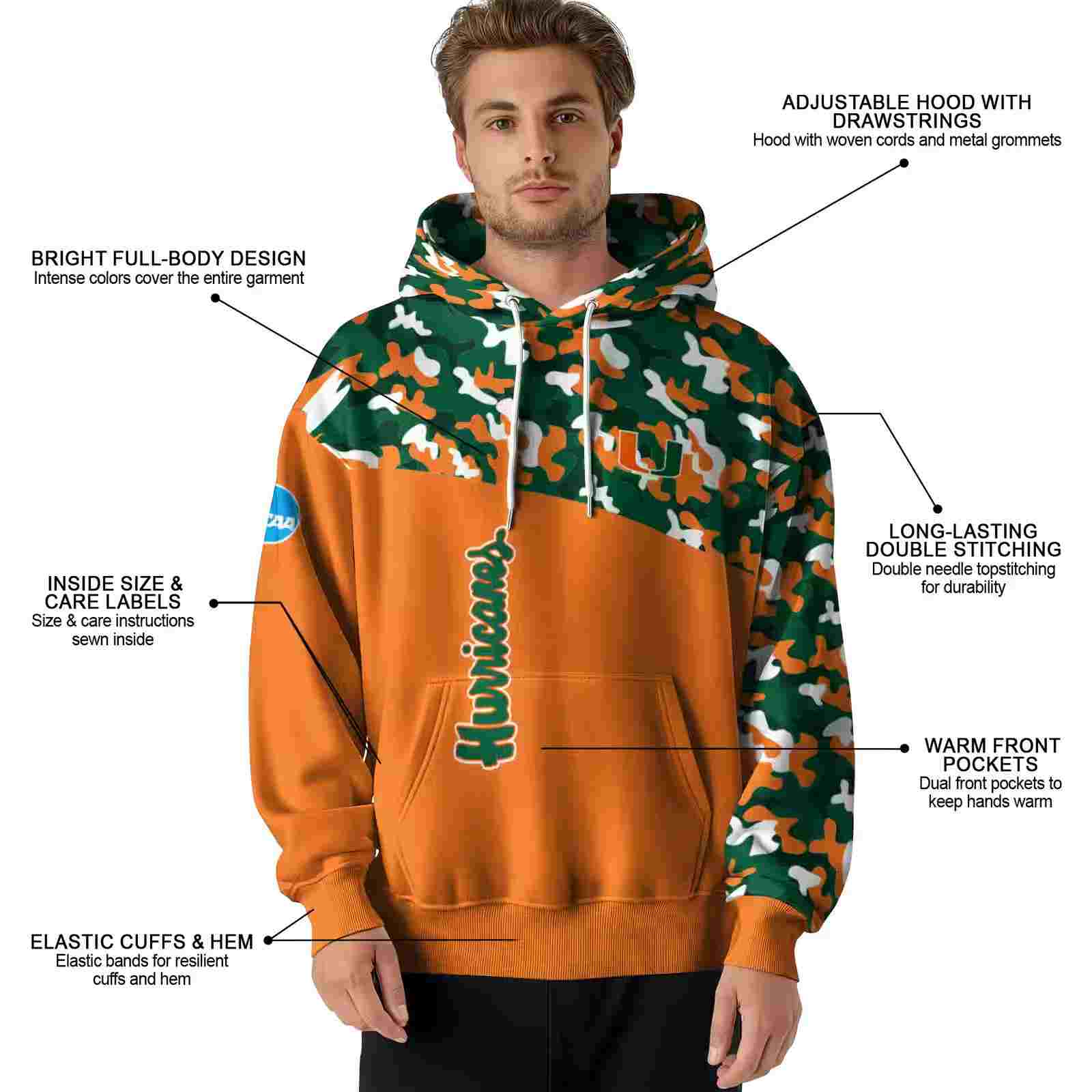 customized miami hurricanes camo pattern orange hoodie latest model