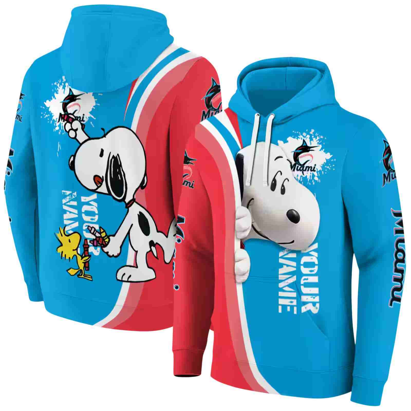 customized miami marlins peeking snoopy blue hoodie fashion forward