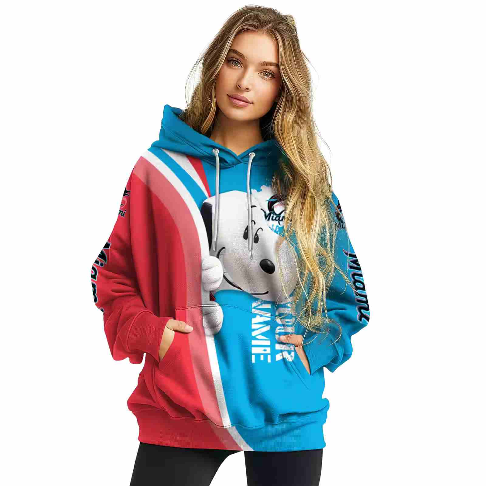 customized miami marlins peeking snoopy blue hoodie high quality