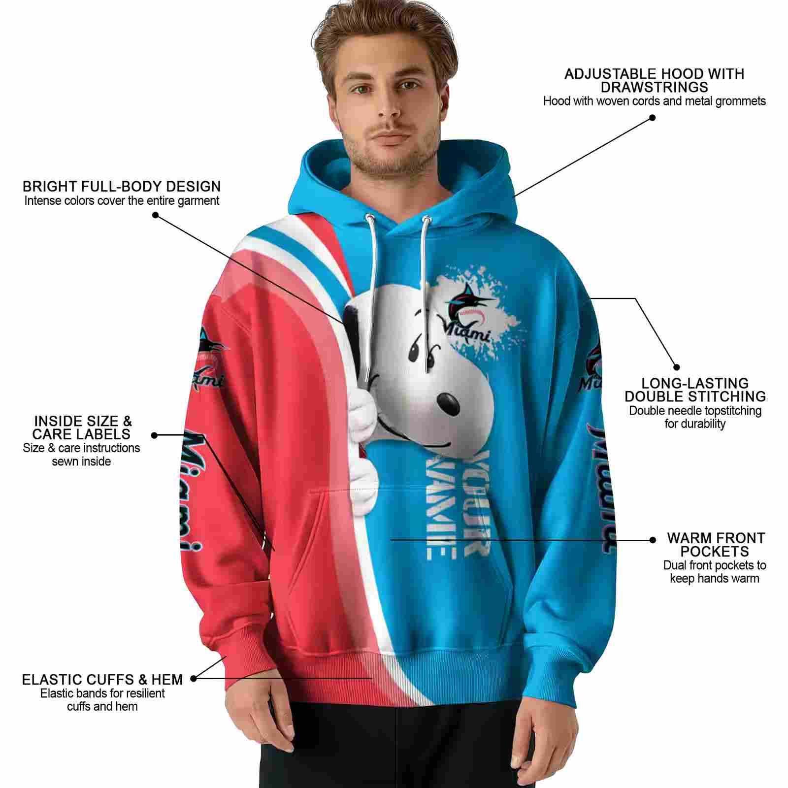 customized miami marlins peeking snoopy blue hoodie latest model