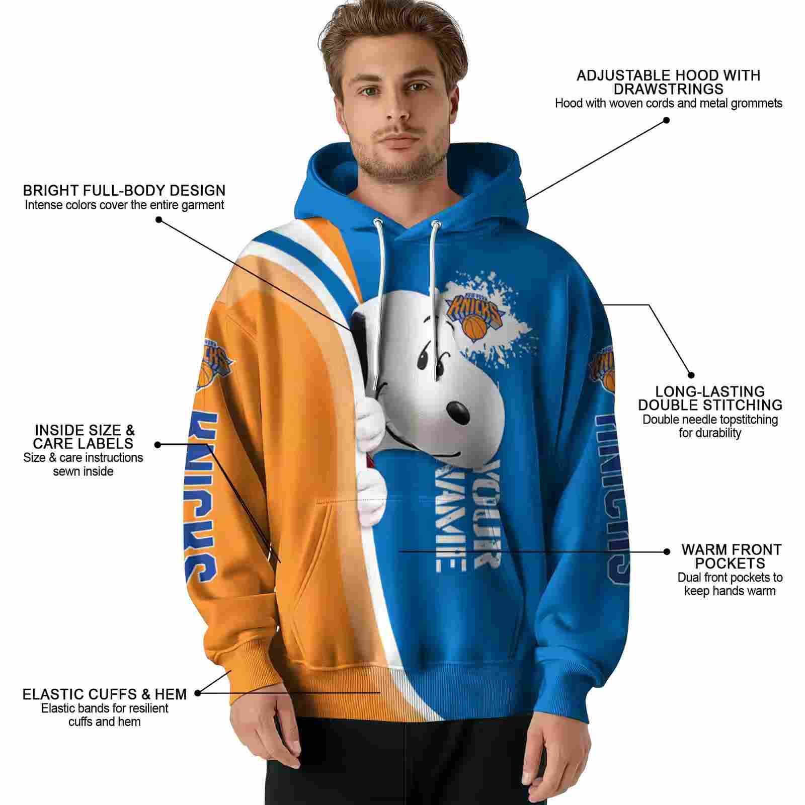 customized new york knicks peeking snoopy blue hoodie latest model