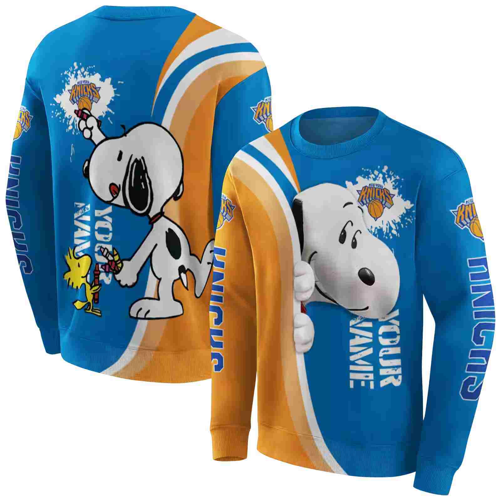 customized new york knicks peeking snoopy blue hoodie premium grade