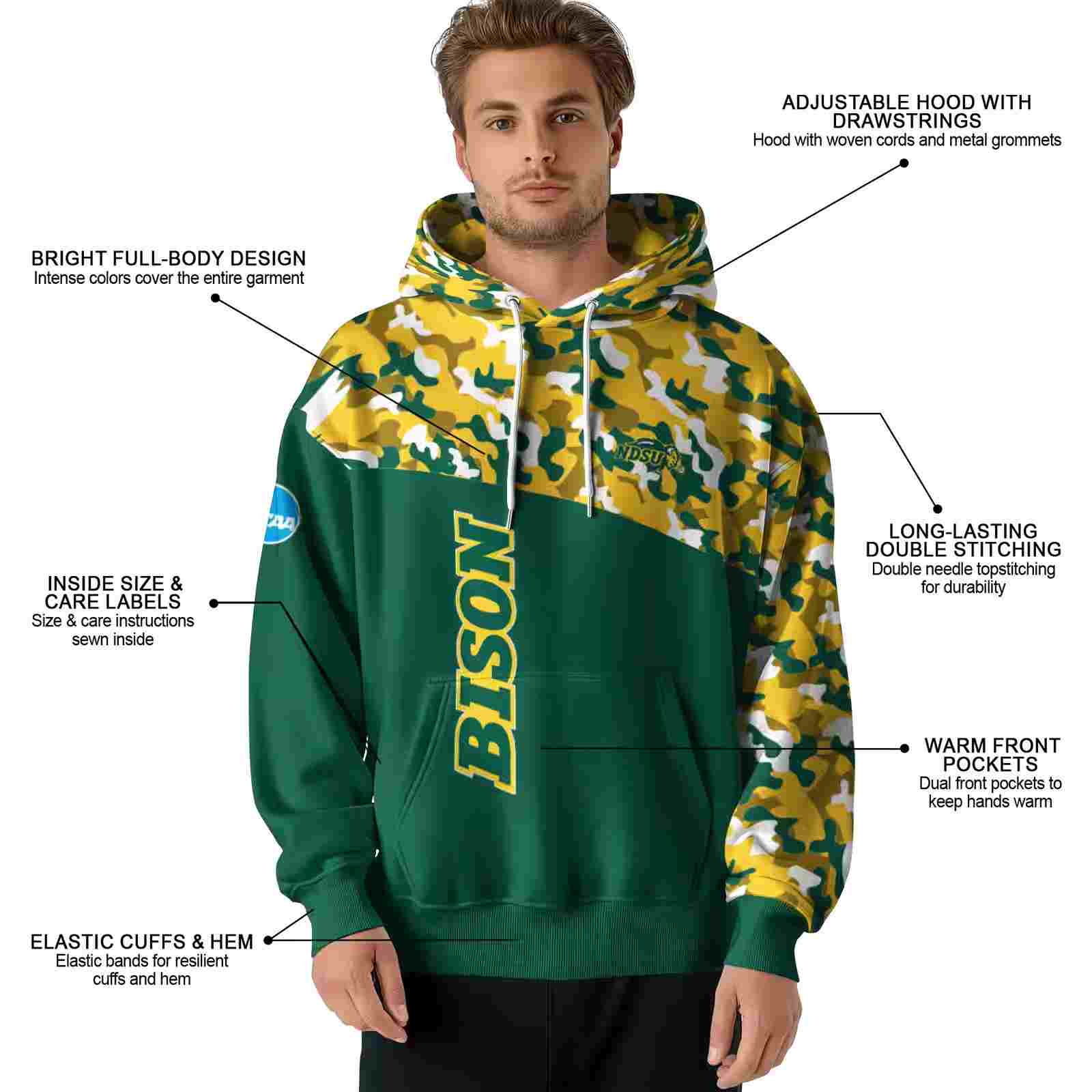 customized north dakota state bison camo pattern green hoodie latest model