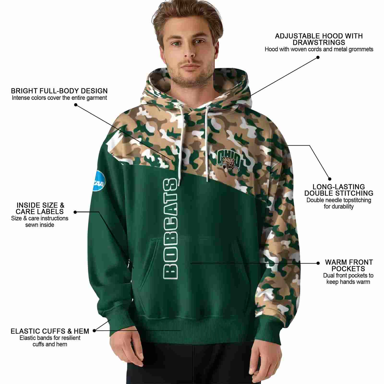 customized ohio bobcats camo pattern green hoodie latest model