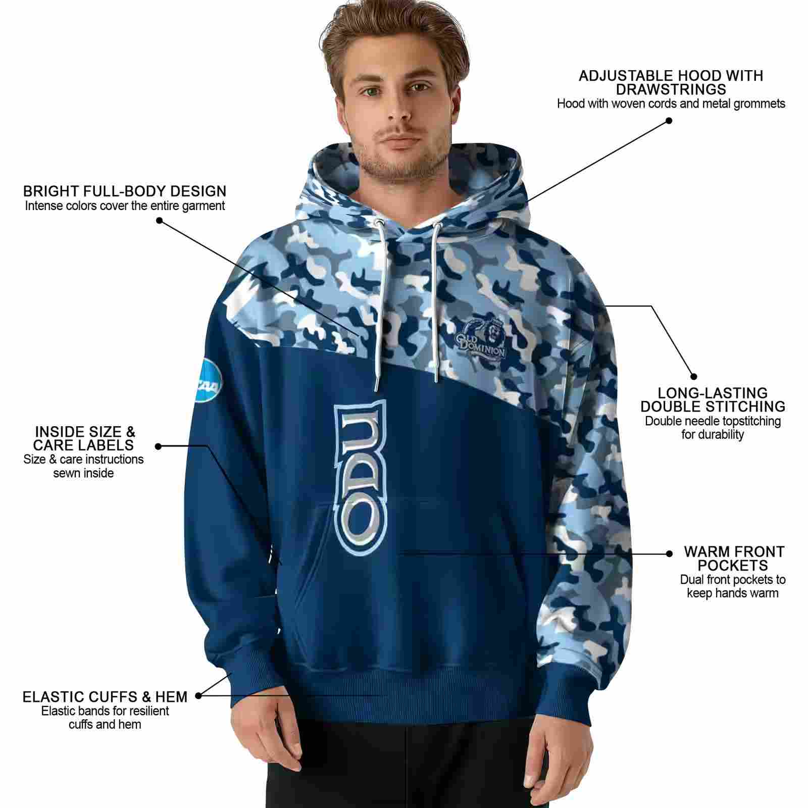 customized old dominion monarchs camo pattern blue hoodie latest model