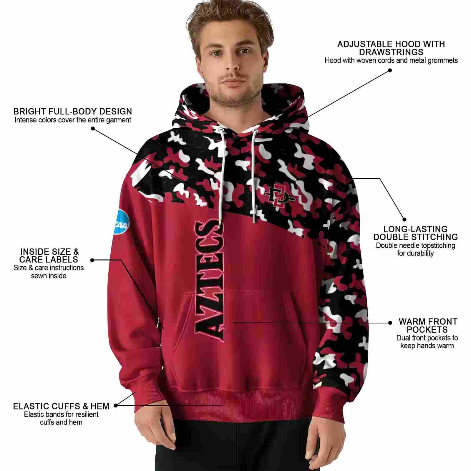 customized san diego state aztecs camo pattern red hoodie latest model