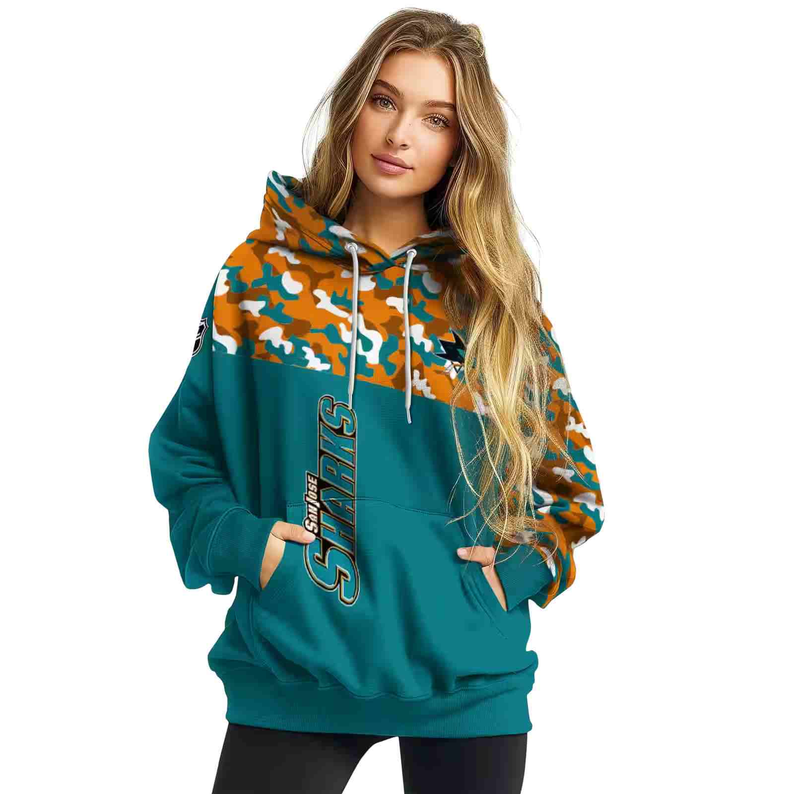 customized san jose sharks camo pattern teal hoodie high quality