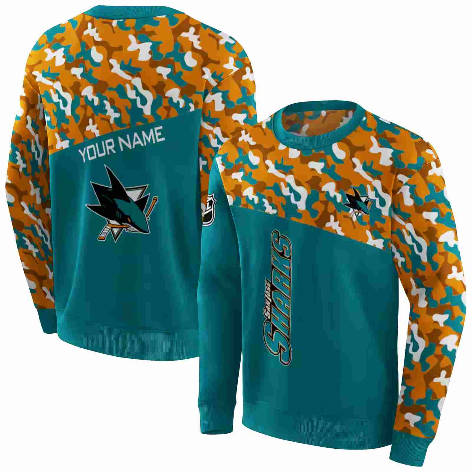 customized san jose sharks camo pattern teal hoodie premium grade