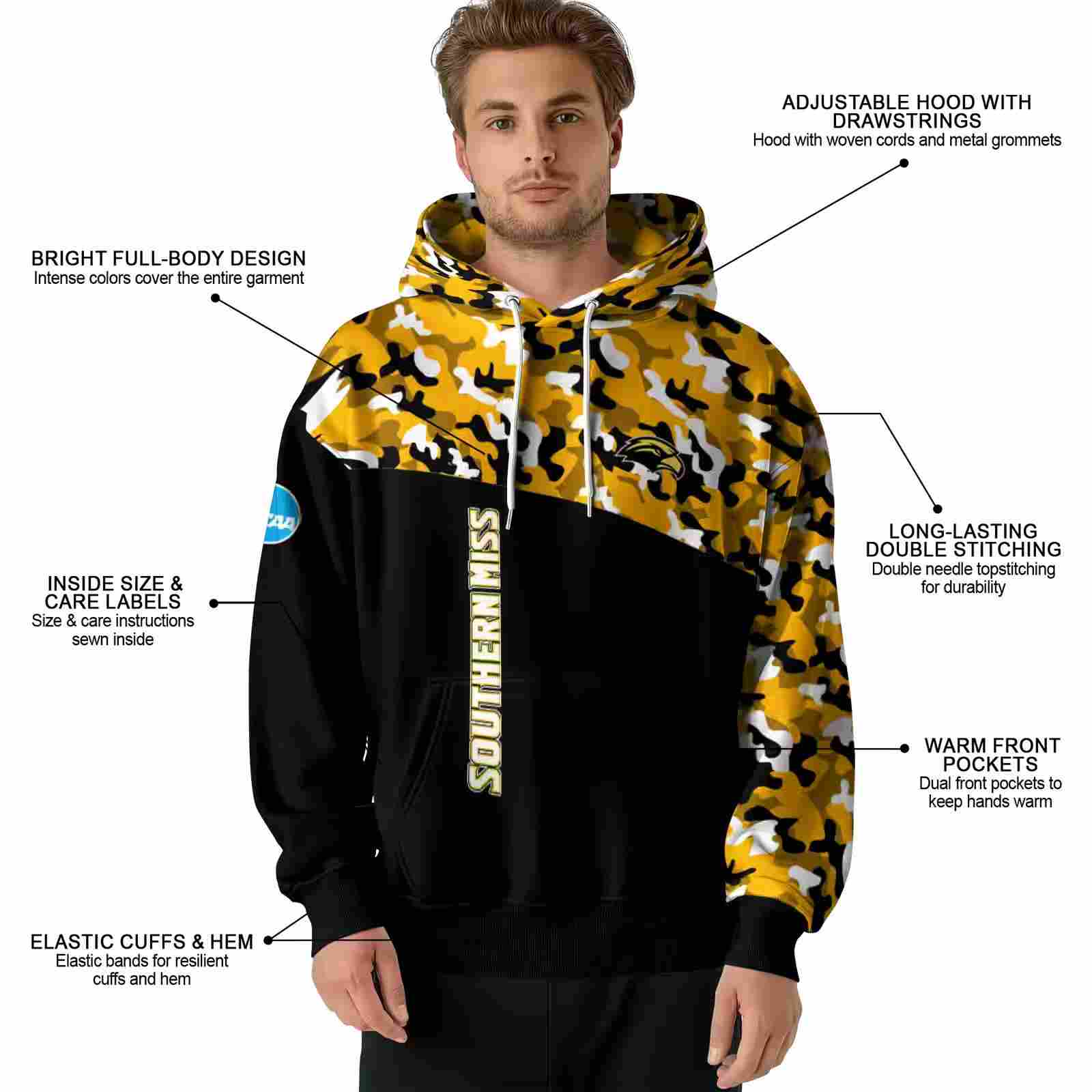 customized southern miss golden eagles camo pattern black hoodie latest model