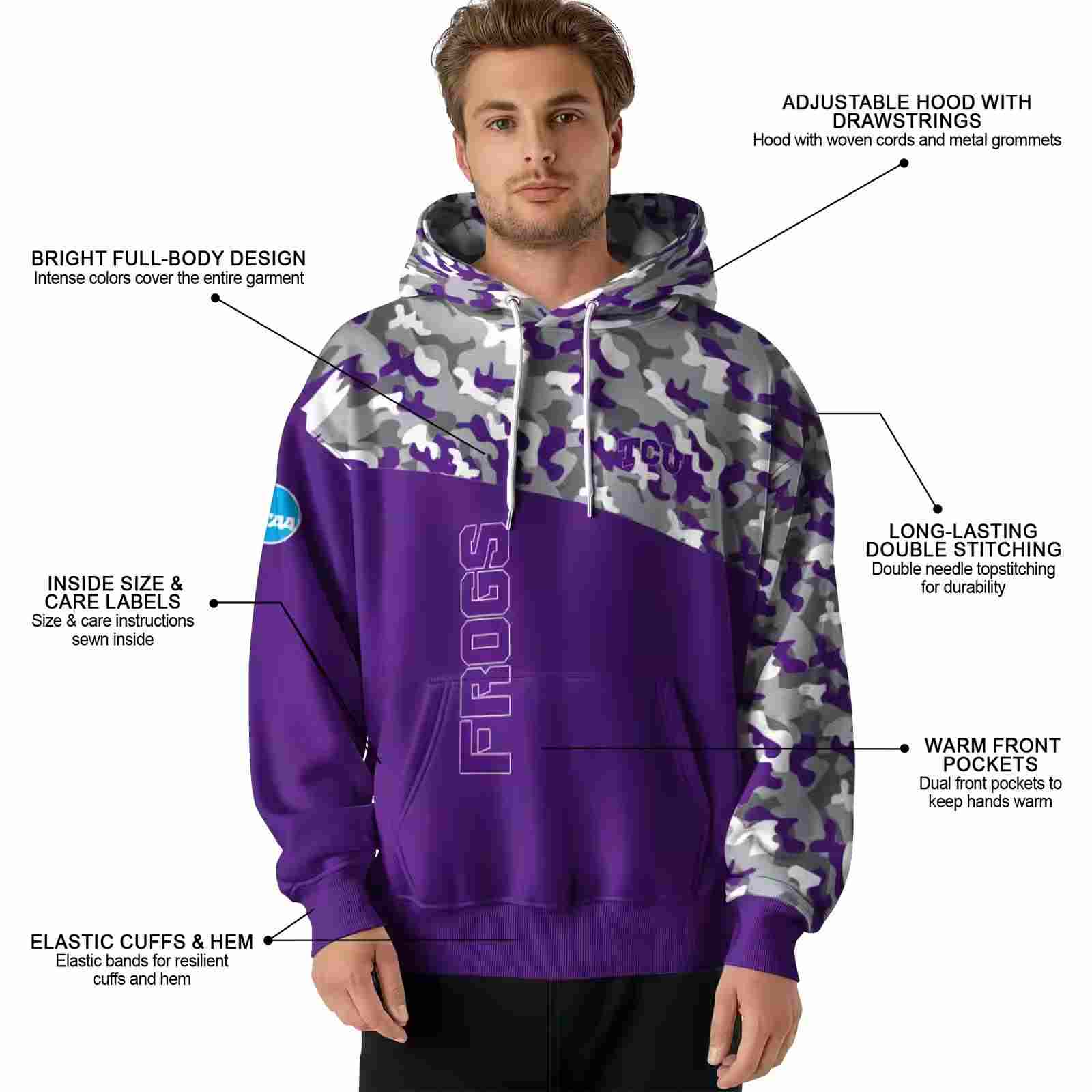 customized tcu horned frogs camo pattern purple hoodie latest model