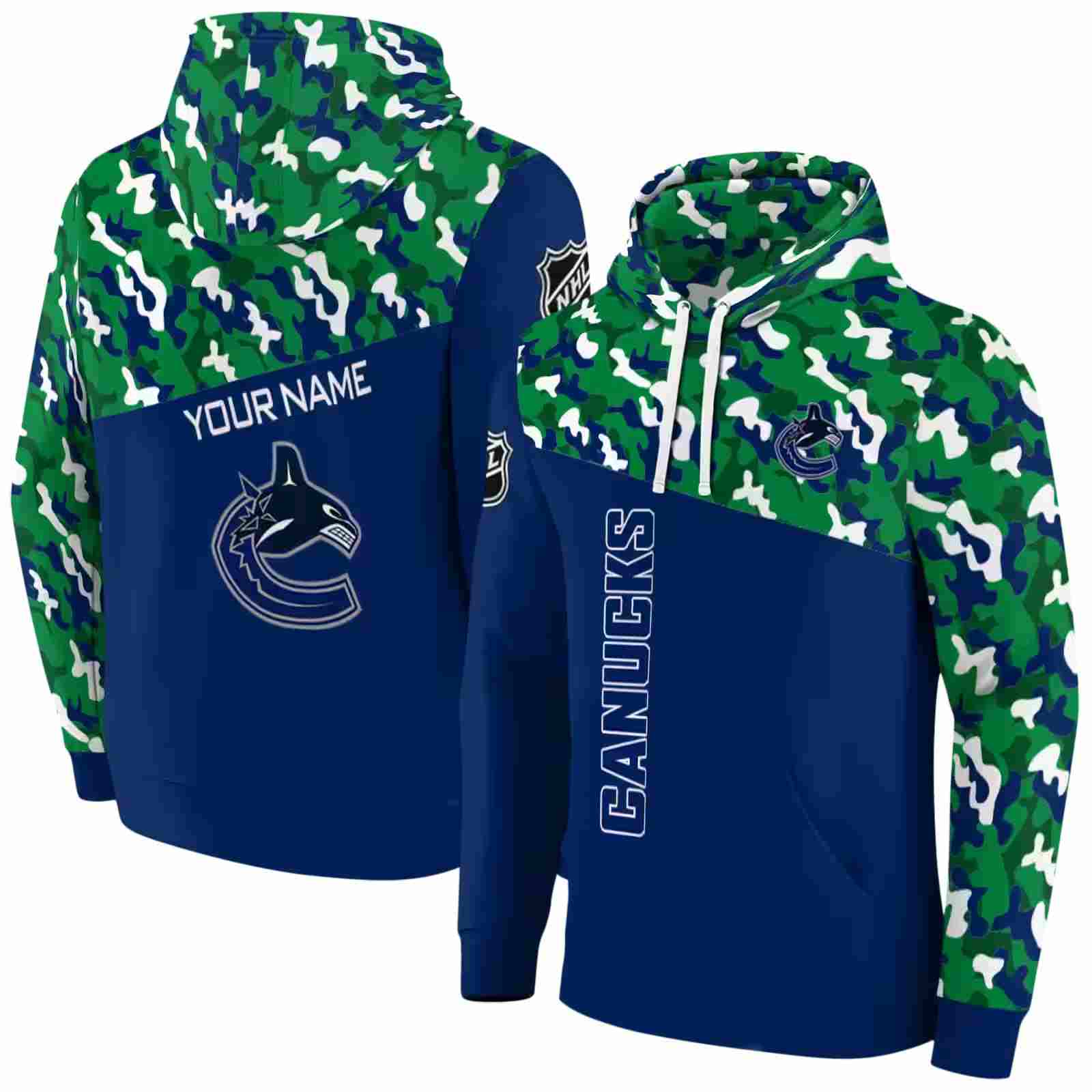 customized vancouver canucks camo pattern blue hoodie fashion forward