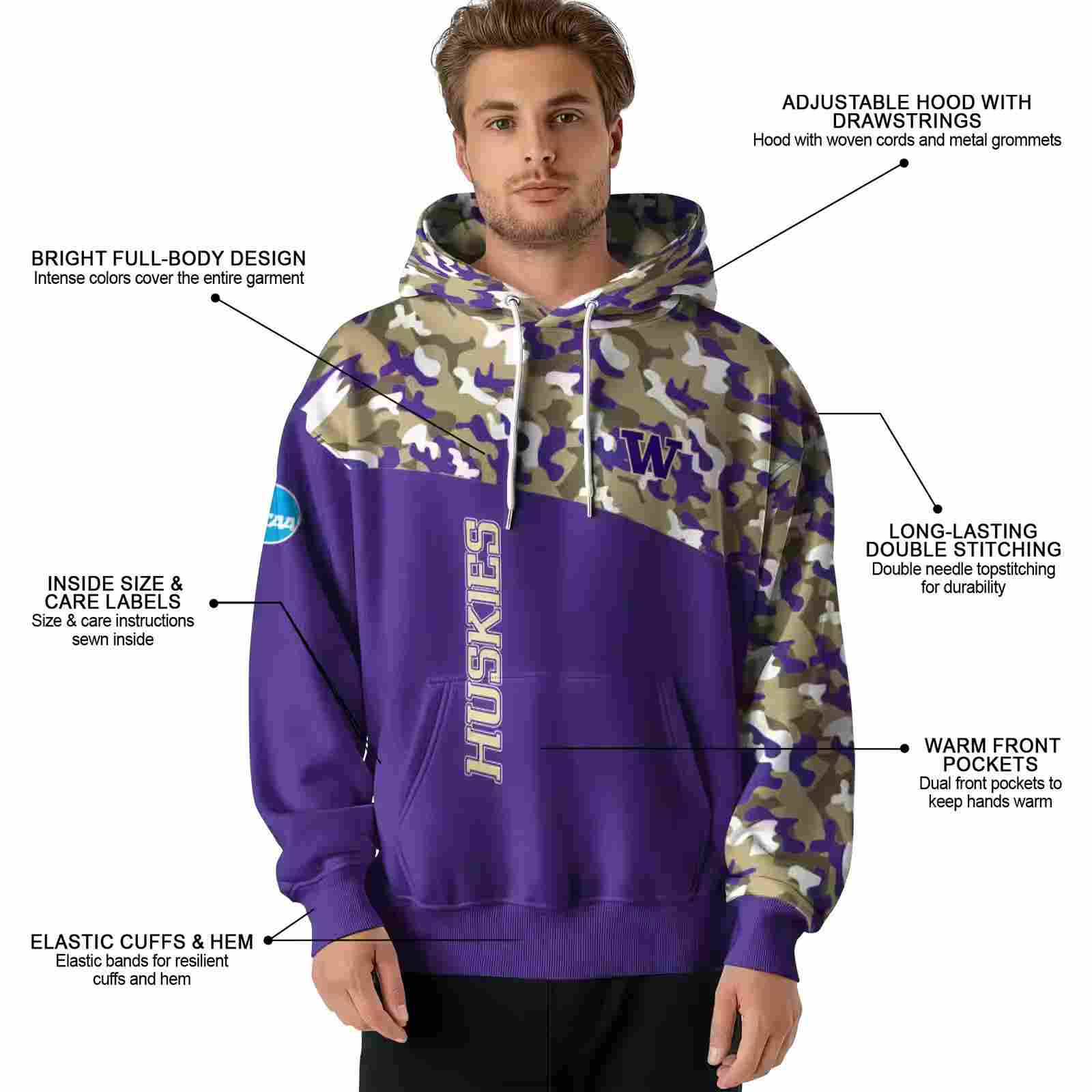 customized washington huskies camo pattern purple hoodie latest model