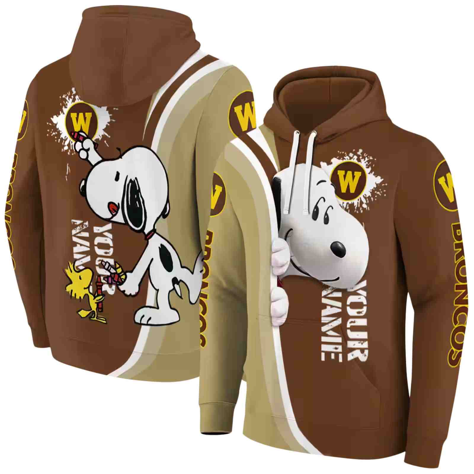 customized western michigan broncos peeking snoopy brown hoodie fashion forward