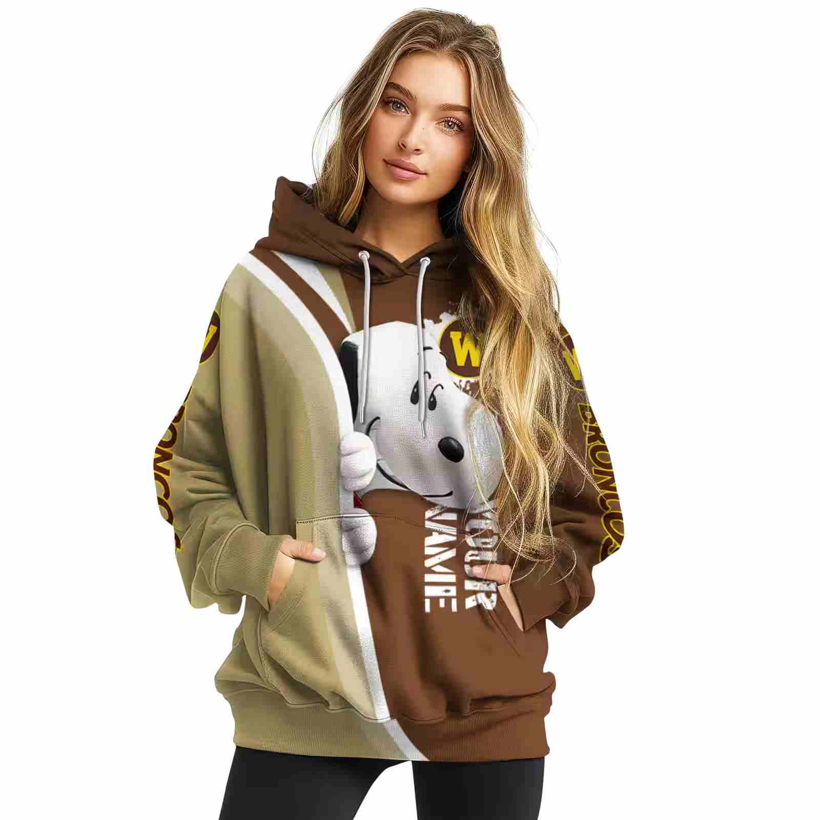 customized western michigan broncos peeking snoopy brown hoodie high quality