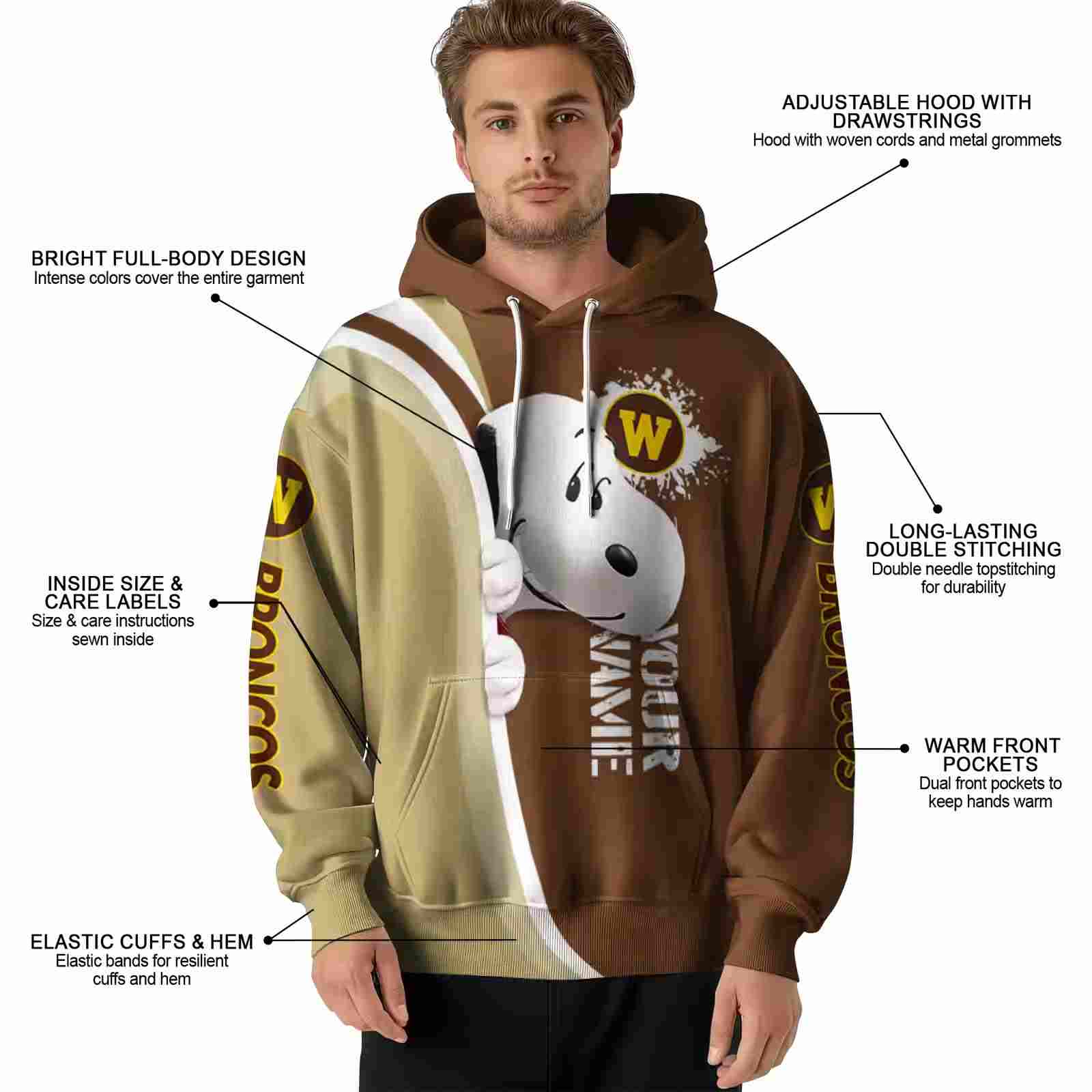 customized western michigan broncos peeking snoopy brown hoodie latest model