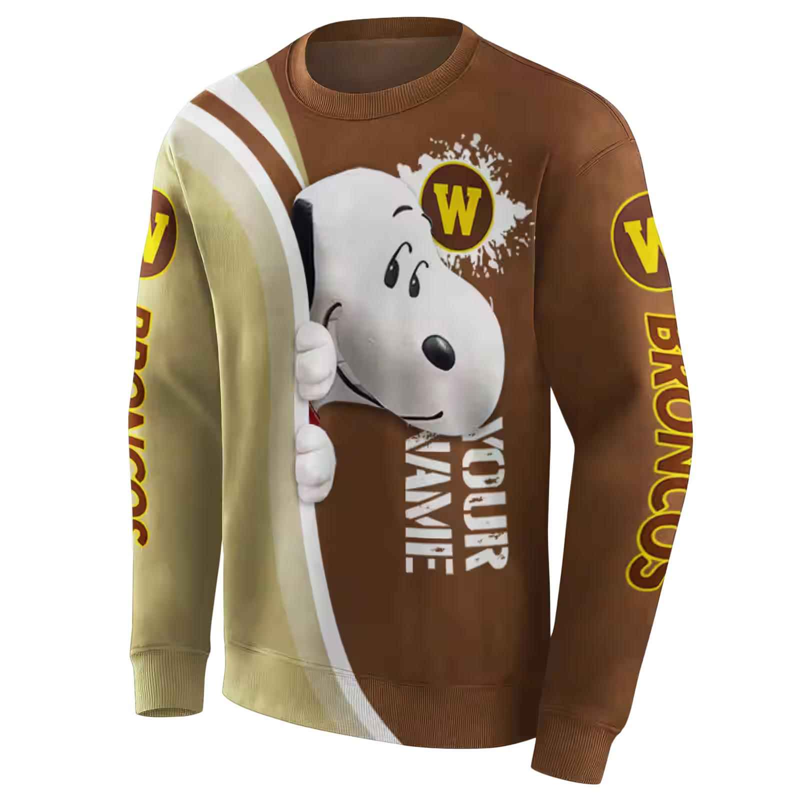 customized western michigan broncos peeking snoopy brown hoodie new arrival