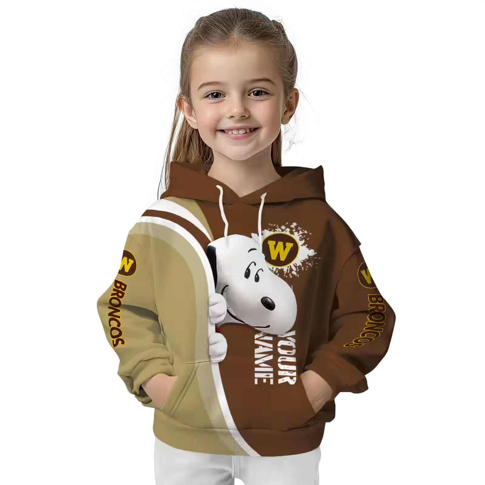 customized western michigan broncos peeking snoopy brown hoodie top rated