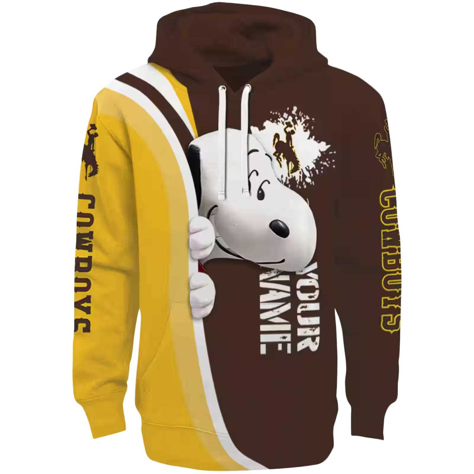 Customized Wyoming Cowboys Peeking Snoopy Brown Hoodie