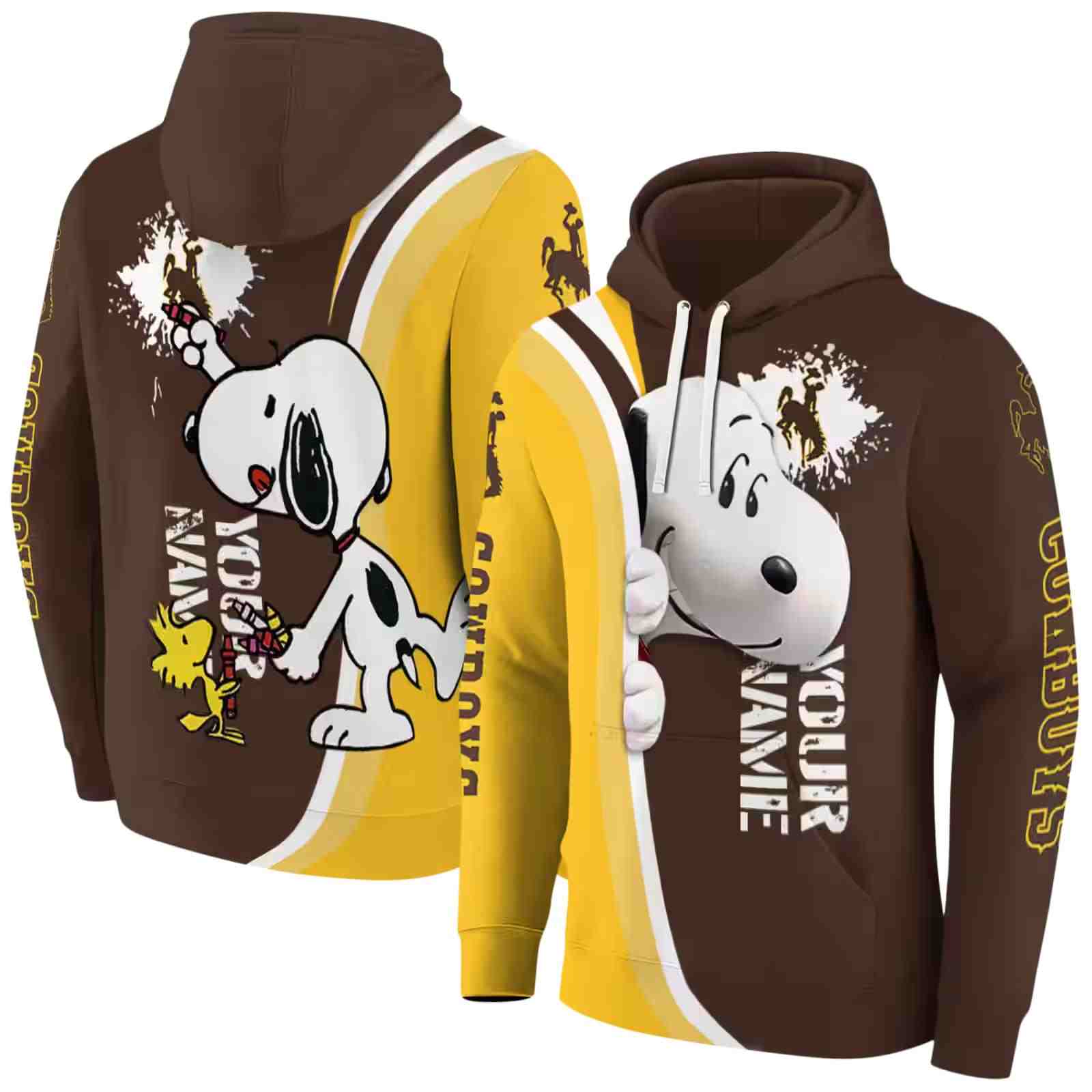 customized wyoming cowboys peeking snoopy brown hoodie fashion forward