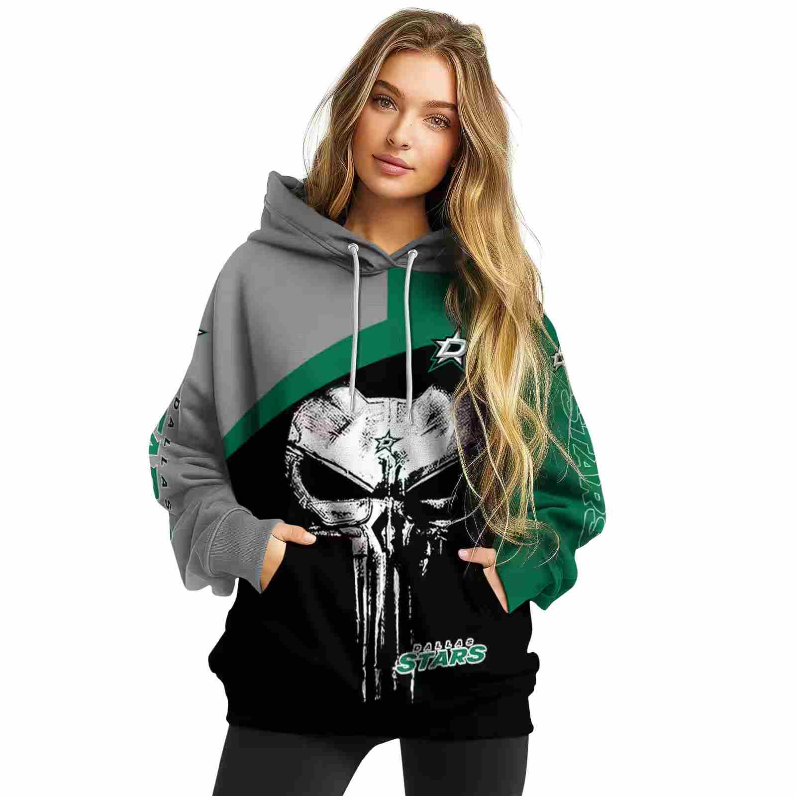 dallas stars skull punisher silver black hoodie high quality