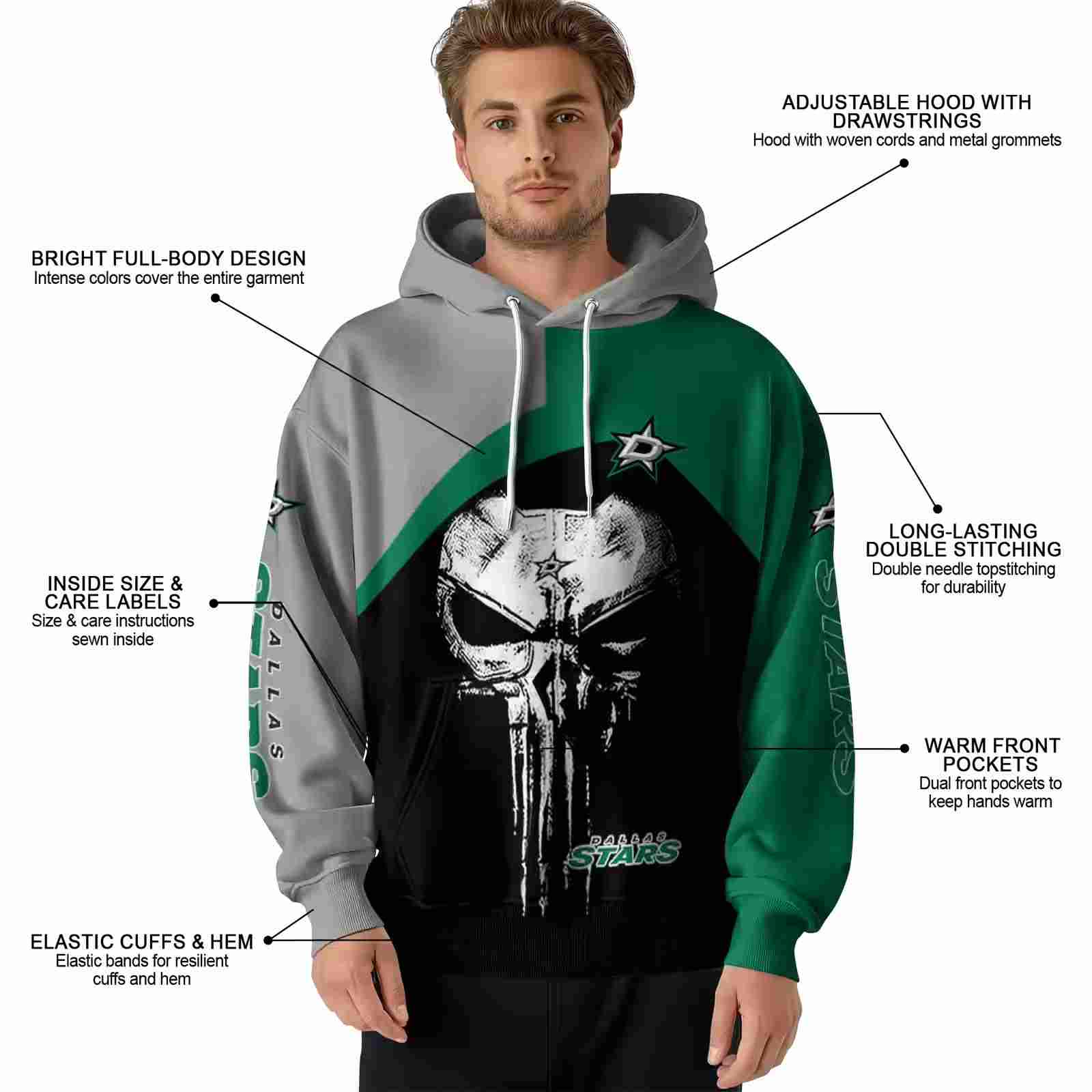 dallas stars skull punisher silver black hoodie latest model