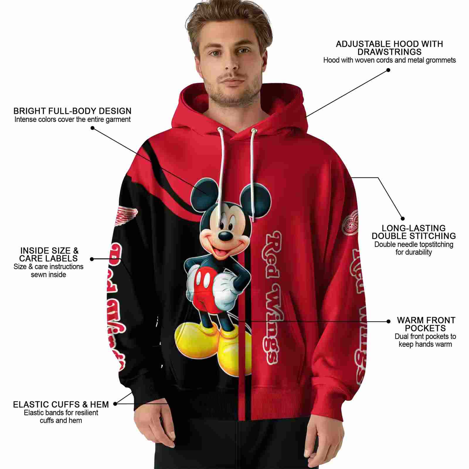 detroit red wings mickey mouse red black hoodie latest model