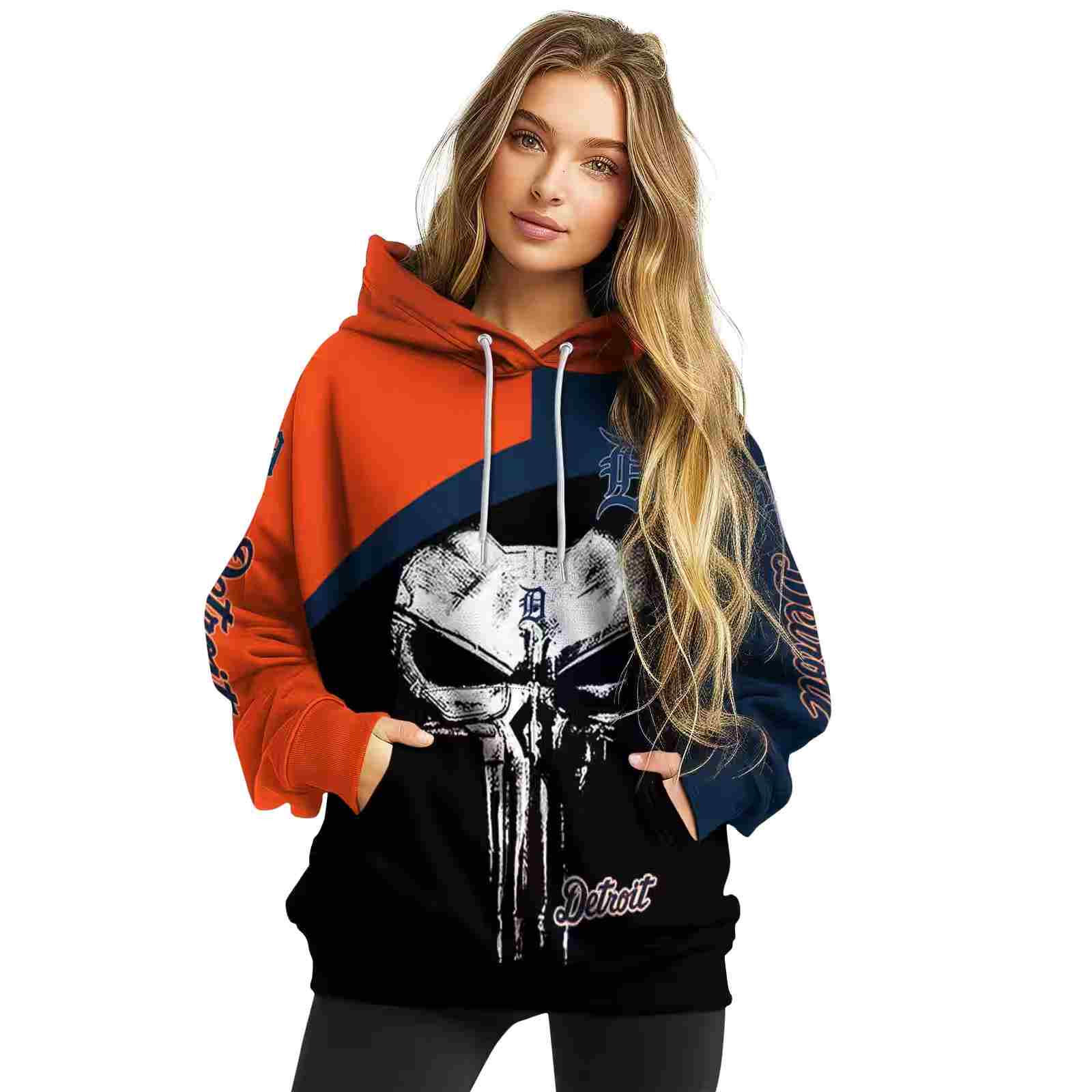 detroit tigers skull punisher orange black hoodie high quality