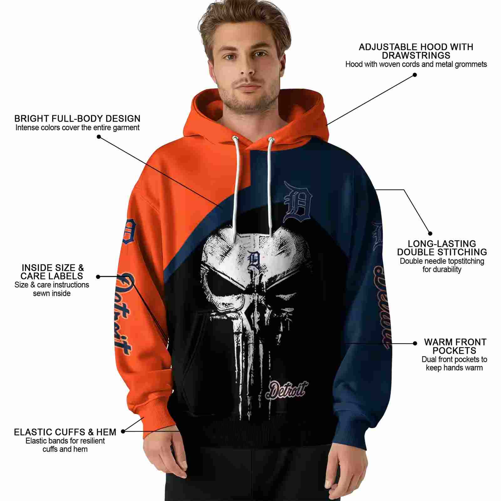 detroit tigers skull punisher orange black hoodie latest model