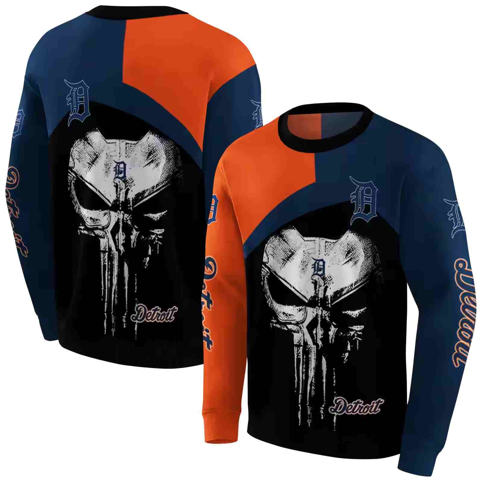 detroit tigers skull punisher orange black hoodie premium grade