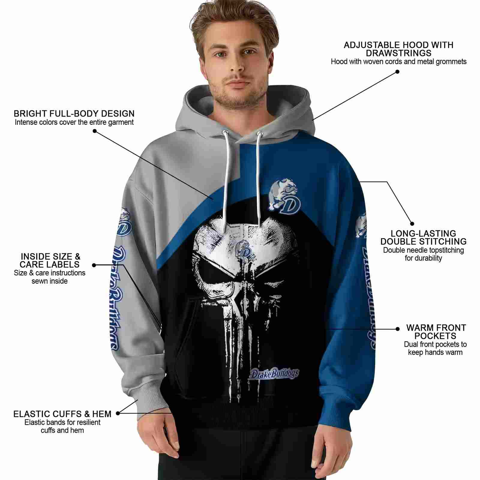 drake bulldogs skull punisher gray black hoodie latest model