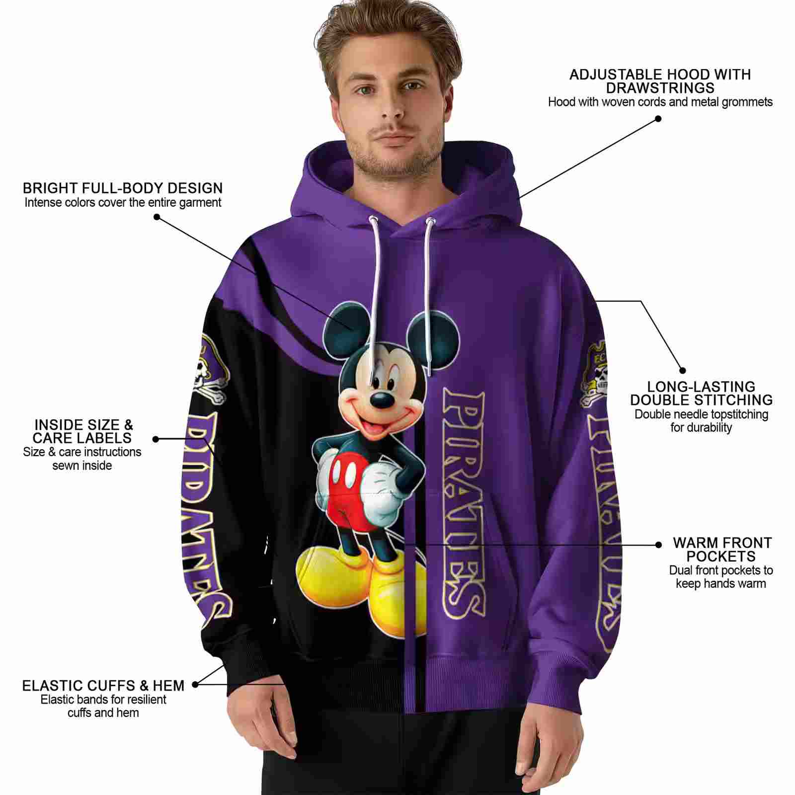 east carolina pirates mickey mouse purple black hoodie latest model