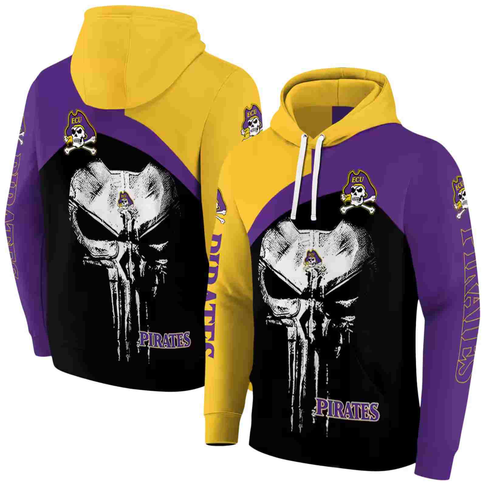 east carolina pirates skull punisher gold black hoodie fashion forward