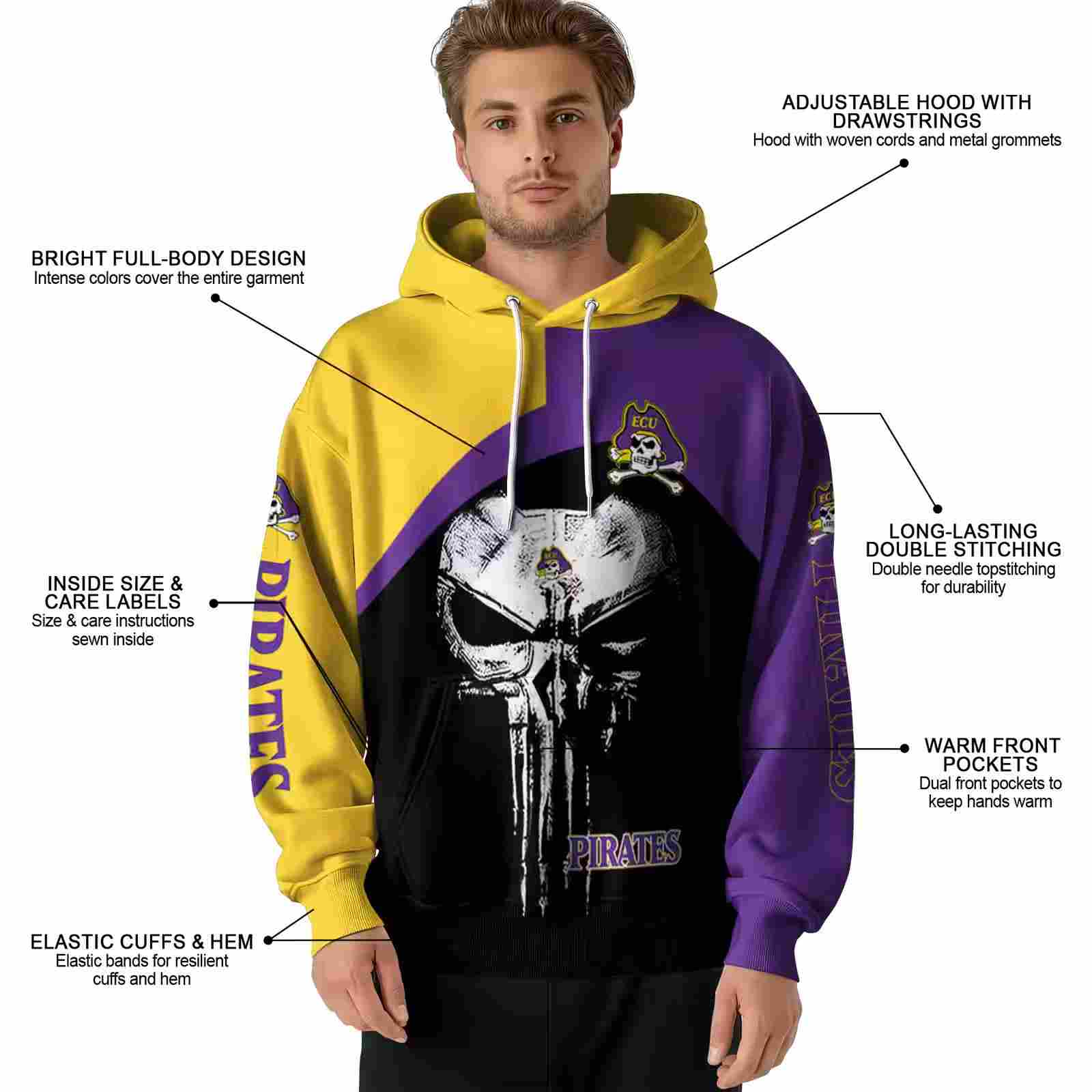 east carolina pirates skull punisher gold black hoodie latest model