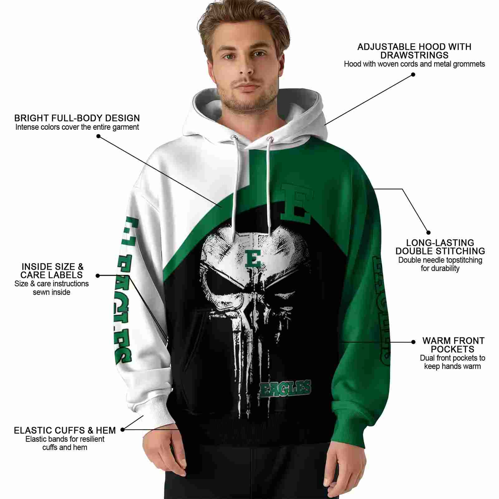 eastern michigan eagles skull punisher white black hoodie latest model
